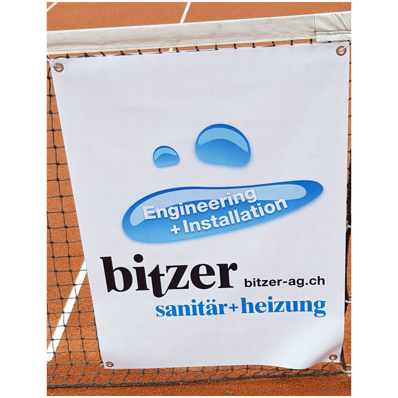 29320 Netzwerbung mit zwei PVC Werbungen mit Ösen für eine Befestigung durch das Tennisnetz